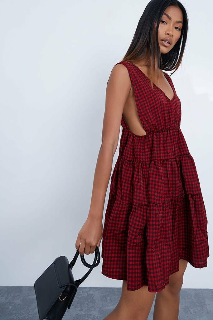 Red Woven Gingham Plunge Tiered Smock Dress - 4 / RED