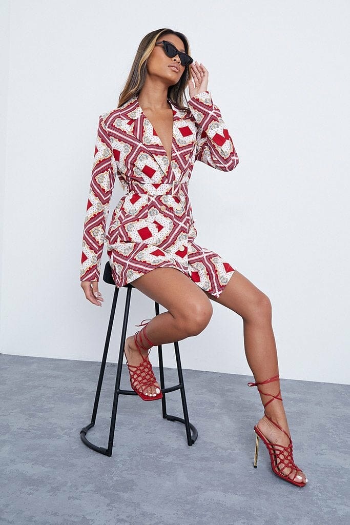 Red Woven Scarf Print Belted Blazer Dress - 4 / RED