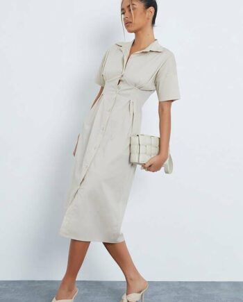 Stone Fitted Waist Short Sleeve Midi Shirt Dress - XS / BEIGE