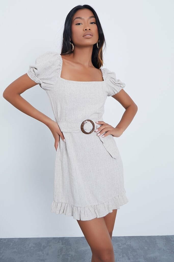 Stone Marl Linen Milk Maid Belted Dress With Puff Sleeve Frill Hem - 4