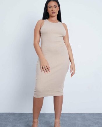 Stone Plus Size Thick Rib Racer Neck Basic Midi Dress - 18 / BEIGE