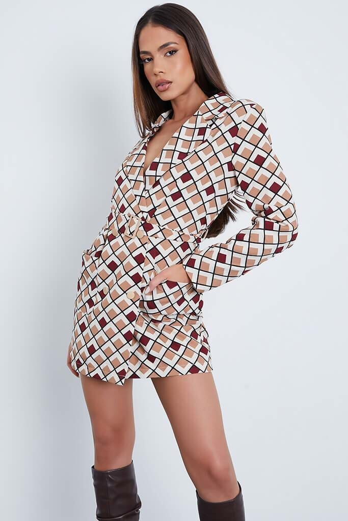 Stone Woven Abstract Print Belted Blazer Dress - 4 / BEIGE