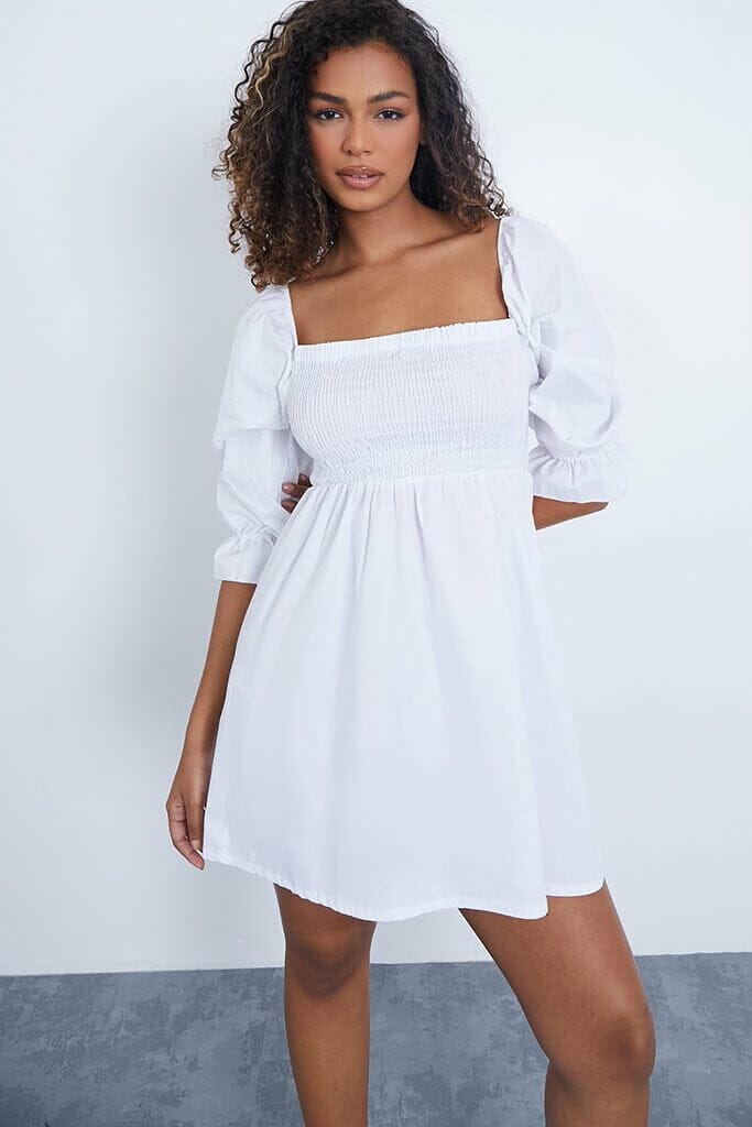 White Cotton Shirred Square Neck Mini Dress - 4 / WHITE