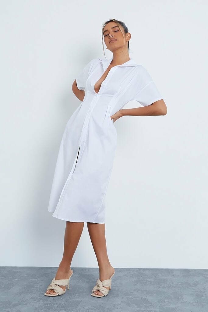 White Fitted Waist Short Sleeve Midi Shirt Dress - S / WHITE