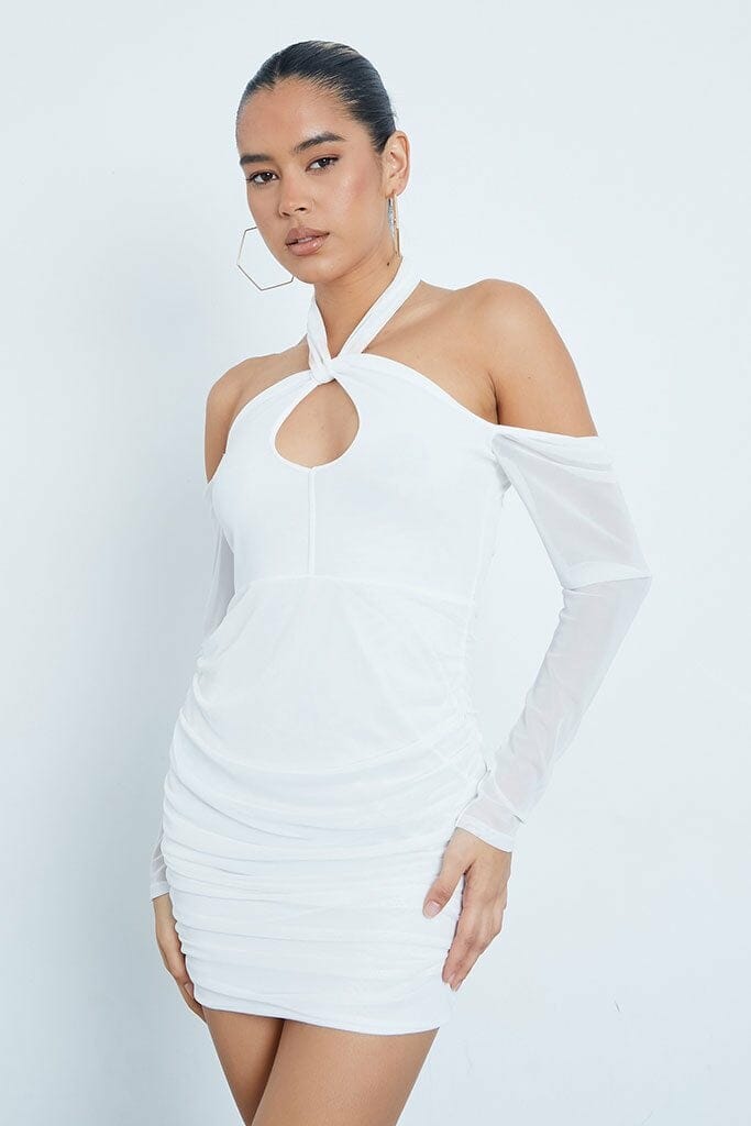 White Mesh Halterneck Cut Out Long Sleeve Mini Dress - 4 / WHITE