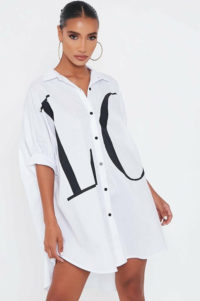 White Oversized Printed Love Shirt Dress - S/M / WHITE