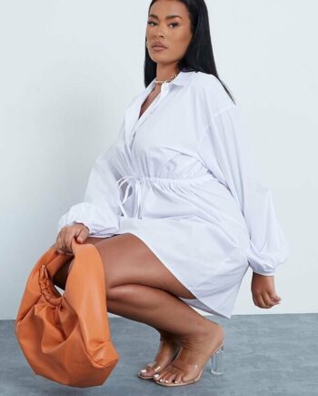 White Plus Size Cotton Poplin Tie Waist Shirt Dress - 18 / WHITE