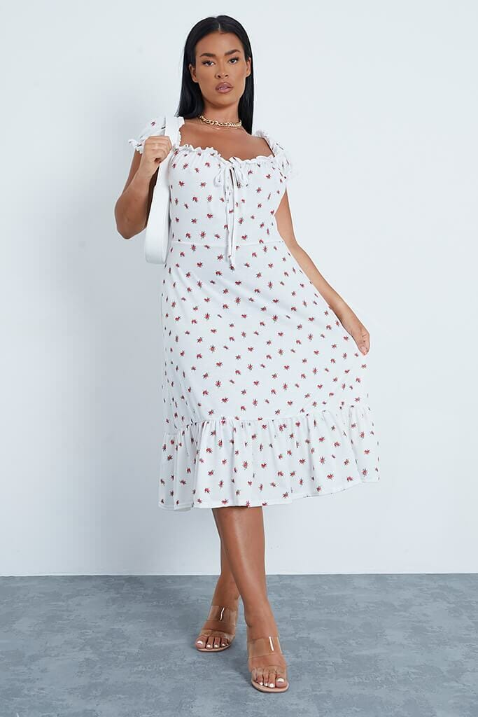 White Plus Size Floral Print Jersey Puff Sleeve Midi Dress - 18 / WHITE