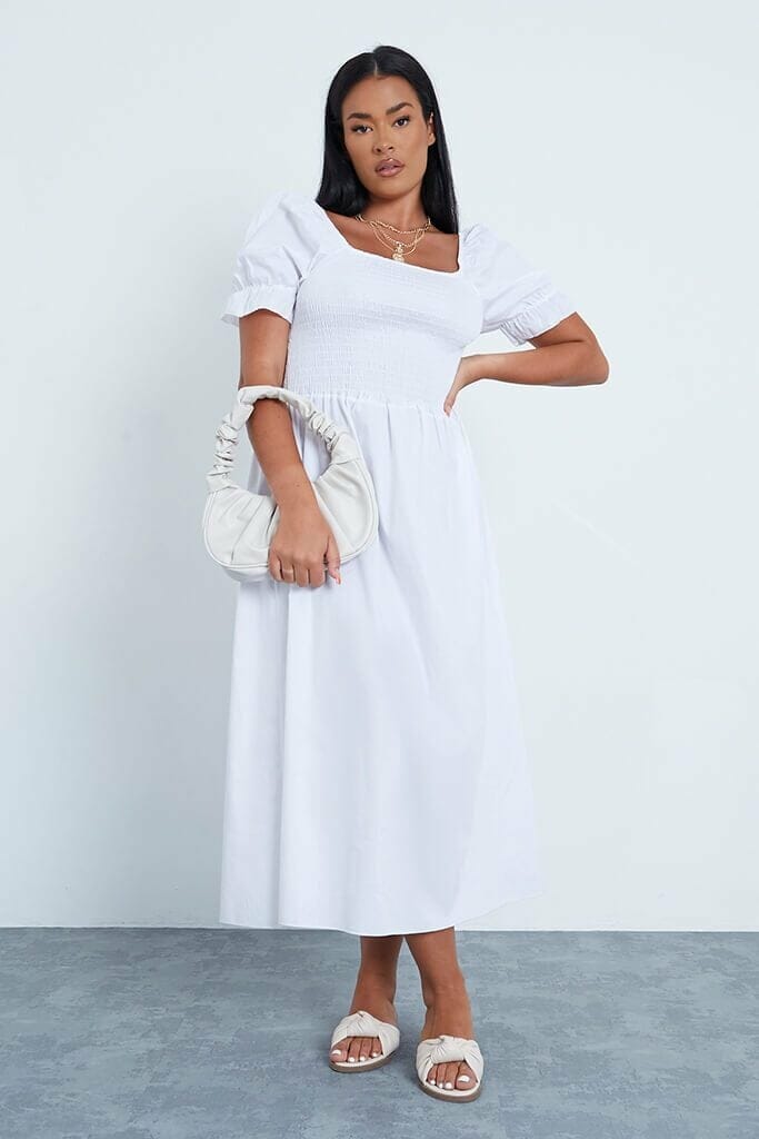 White Plus Size Shirred Milk Maid Midi Dress - 18 / WHITE