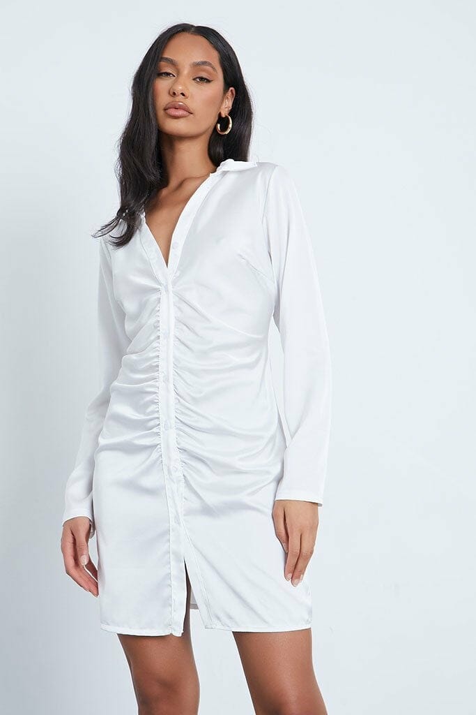 White Ruched Front Shirt Dress - 4 / WHITE