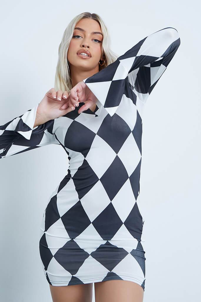 White Slinky Checkerboard Print Open Collared Long Sleeve Bodycon Dress - 4 / WHITE