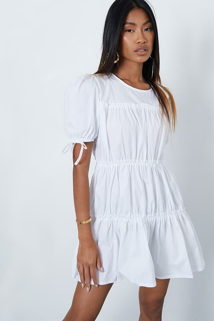 White Woven Frill Detail Tiered Smock Dress - 4 / WHITE
