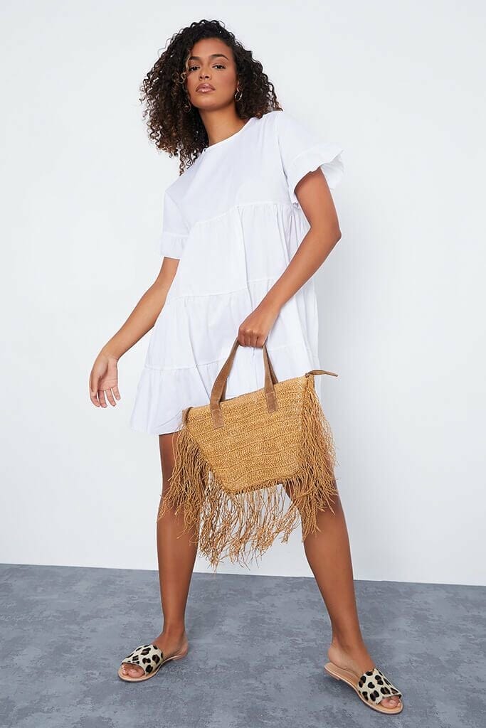 White Woven Tiered Frill Sleeve Dress - 4 / WHITE