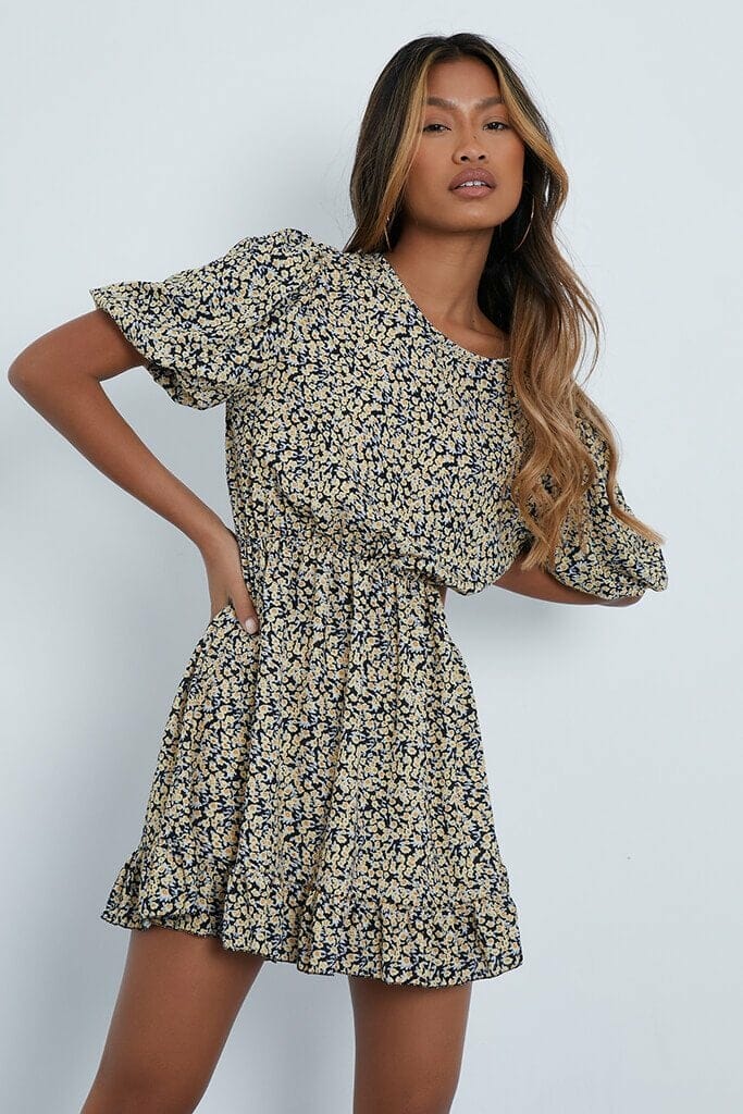 Yellow Woven Floral Puff Ball Sleeve Smock Dress - 4 / YELLOW