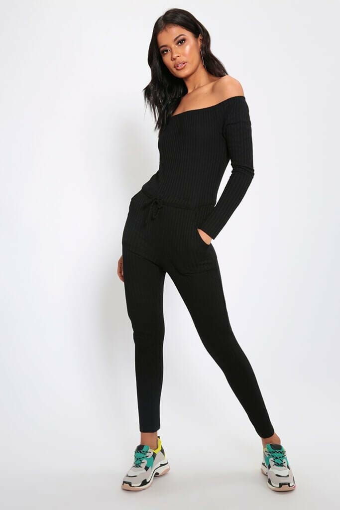 Black Bardot Knitted Jumpsuit - S/M / BLACK