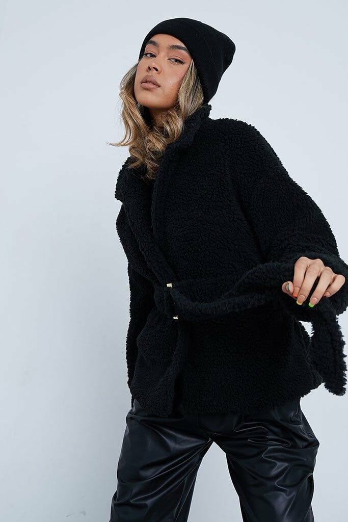 Black Belted Shawl Collar Borg Coat With Button Cuff Detail - 4 / BLACK