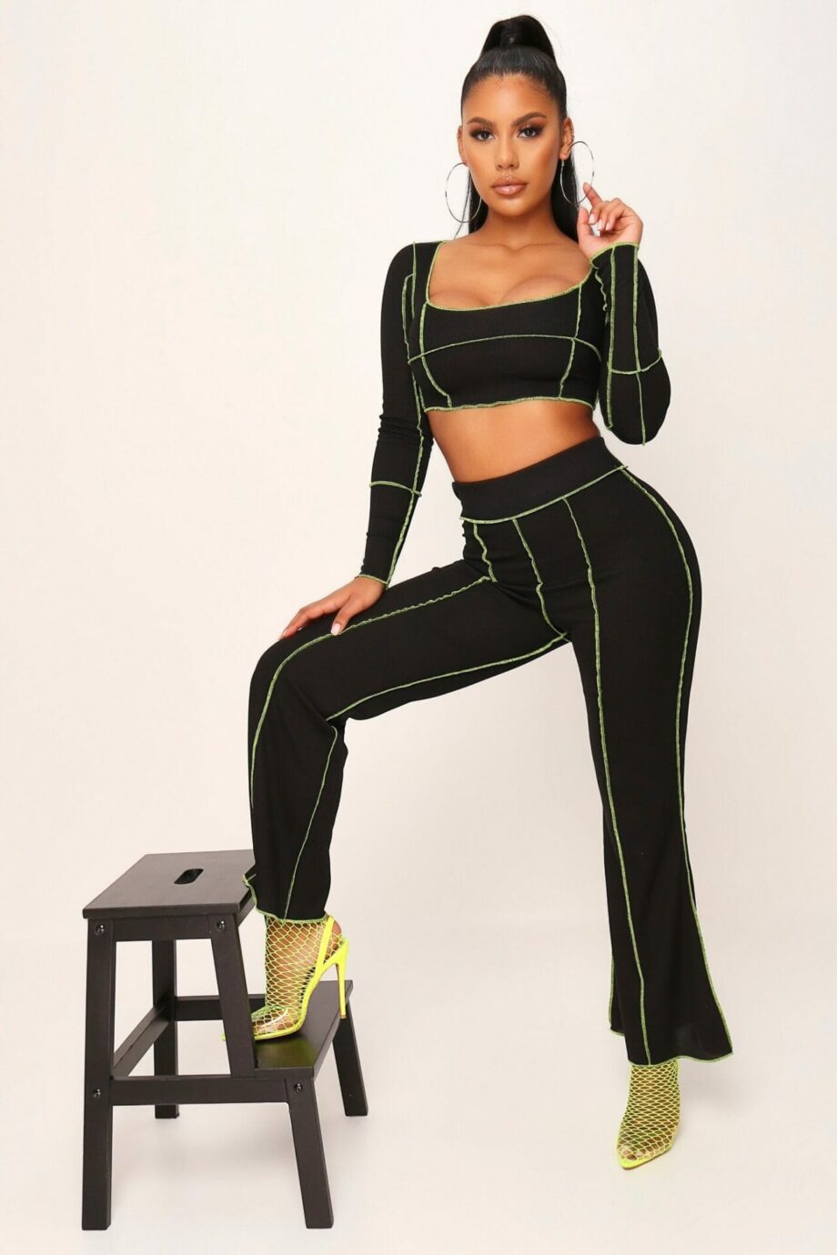 Black Contrast Stitch Crop Top Ribbed Loungewear Set - 4 / BLACK