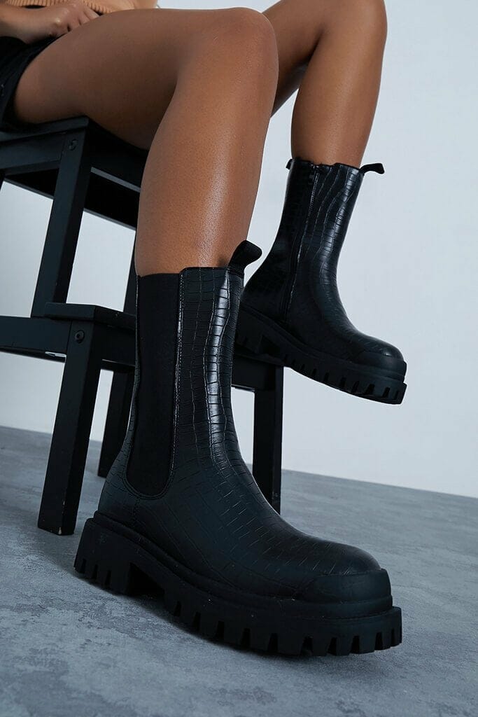 Black Croc Pu Chunky Chelsea Ankle Boots - 3 / BLACK