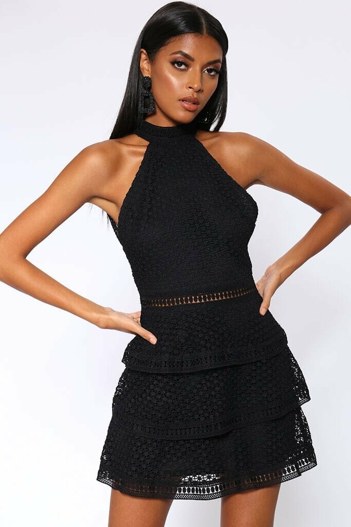 Black Crochet Lace Open Back Dress - 6 / BLACK