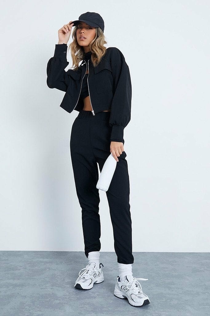 Black Cropped Woven Jacket With Zip - 4 / BLACK