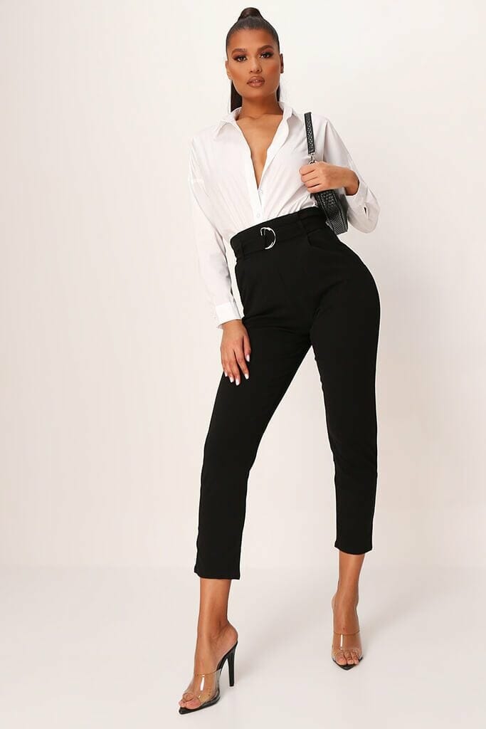Black D Ring Belted High Waist Trousers - 6 / BLACK