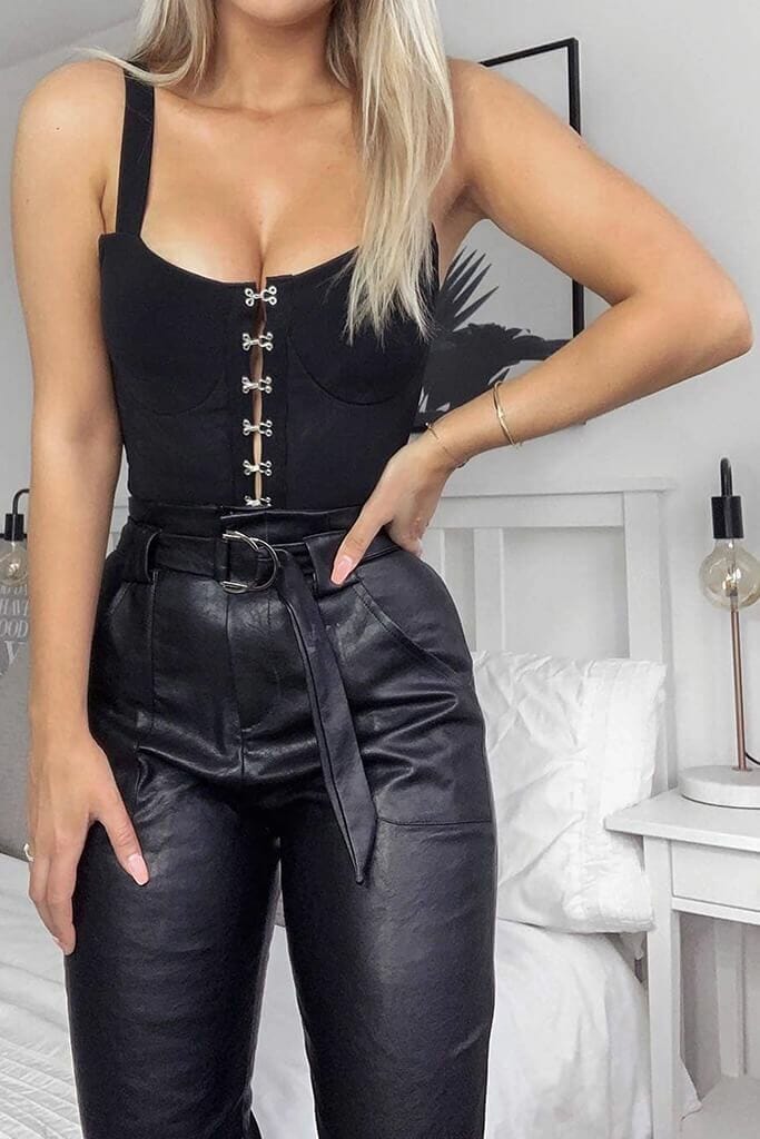 Black D Ring High Waist Faux Leather Trousers - 6 / BLACK