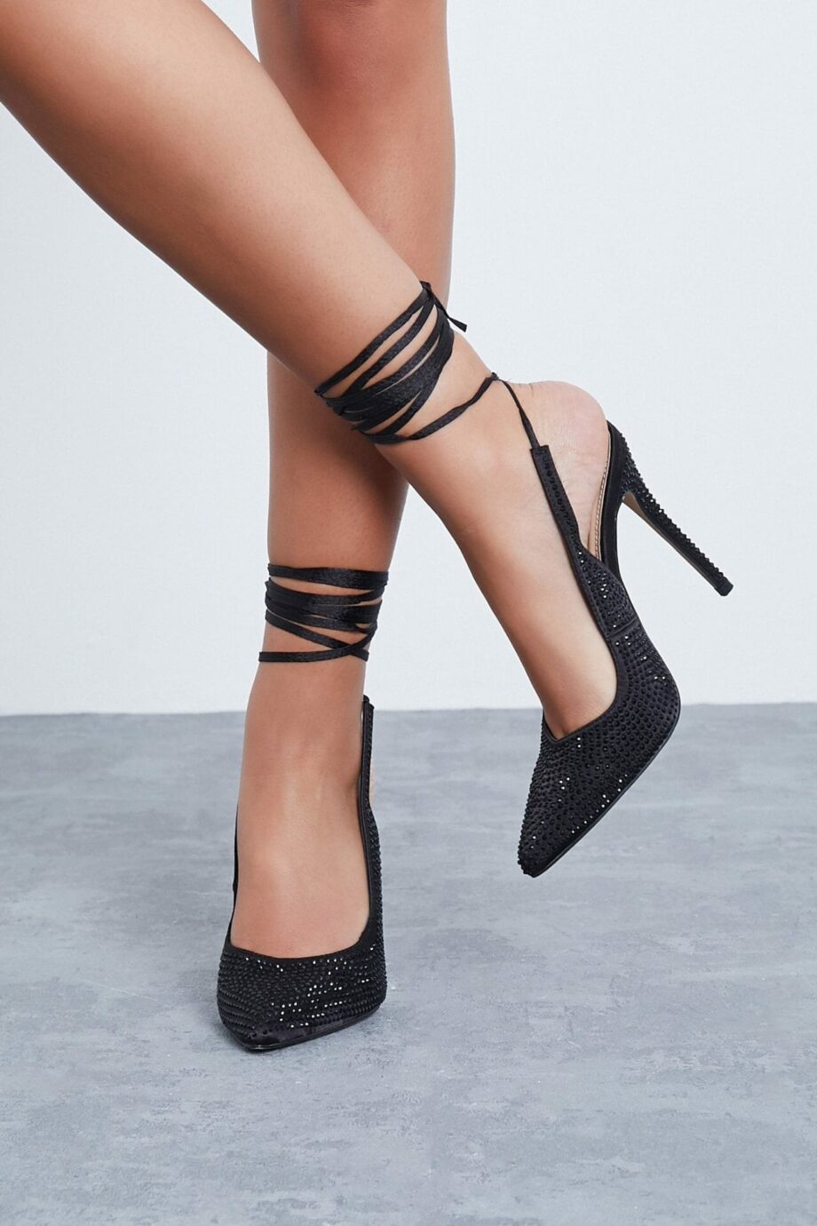 Black Diamante Lace Up Ankle Heeled Court Shoes - 3 / BLACK