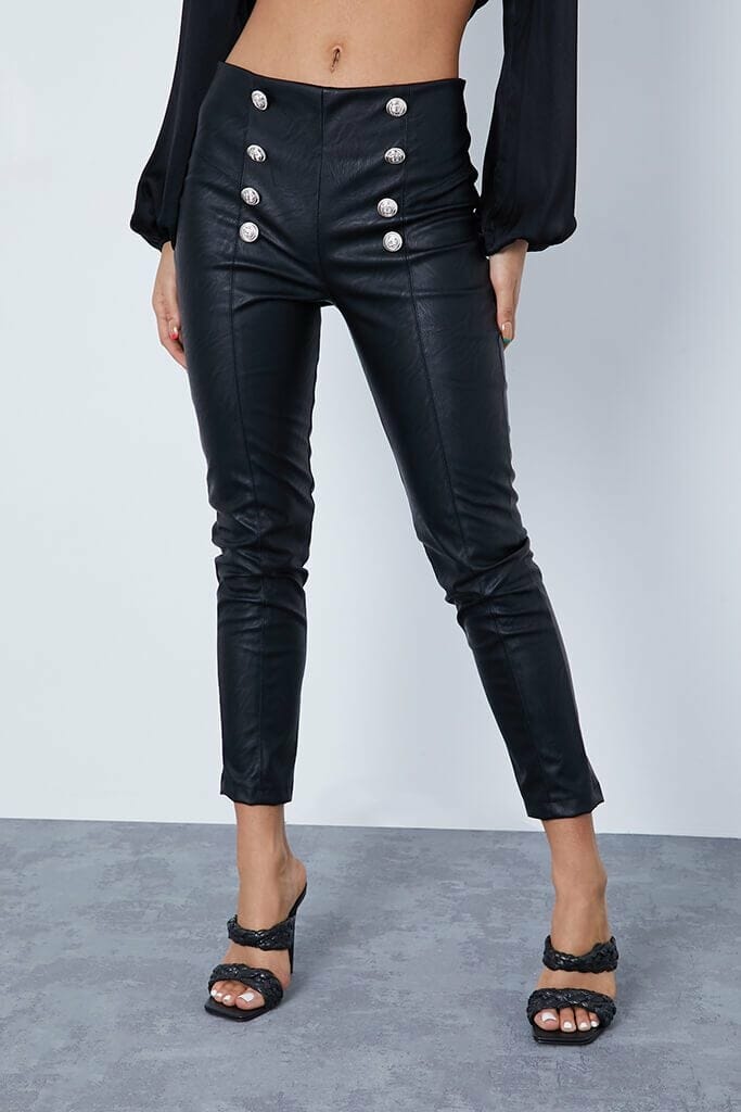 Black Faux Leather Military Button Trousers - 4 / BLACK