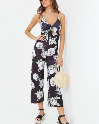 Black Floral Print Tie Front Strappy Jumpsuit - 4 / BLACK