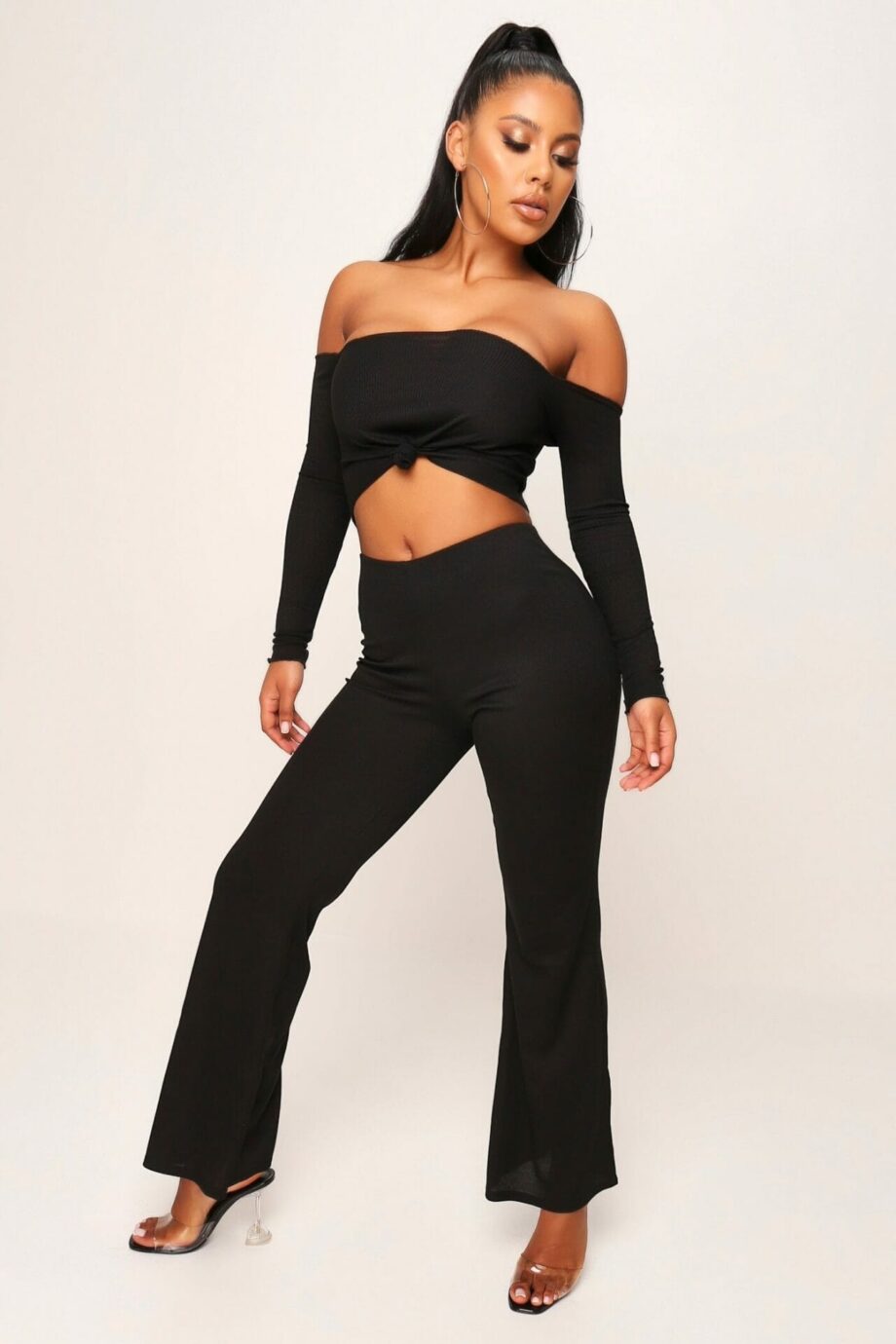 Black Knot Front Lettuce Hem Bardot Loungewear Set - 4 / BLACK
