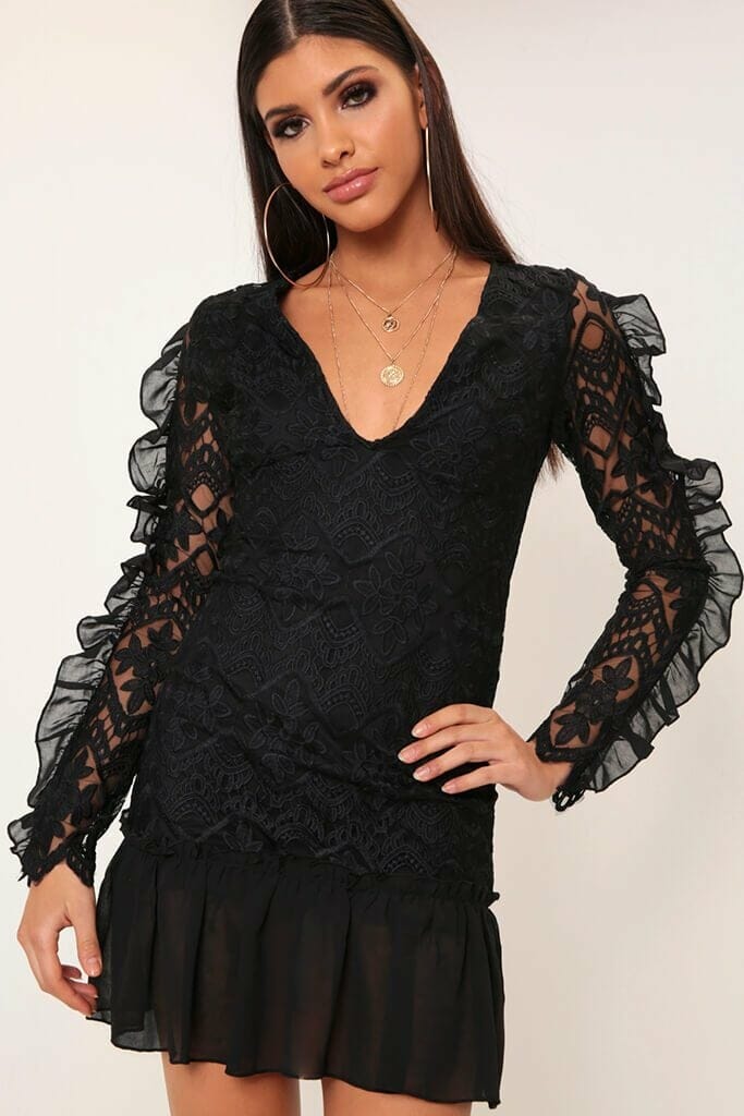 Black Lace And Organza Ruffle Sleeve Dress - 6 / BLACK