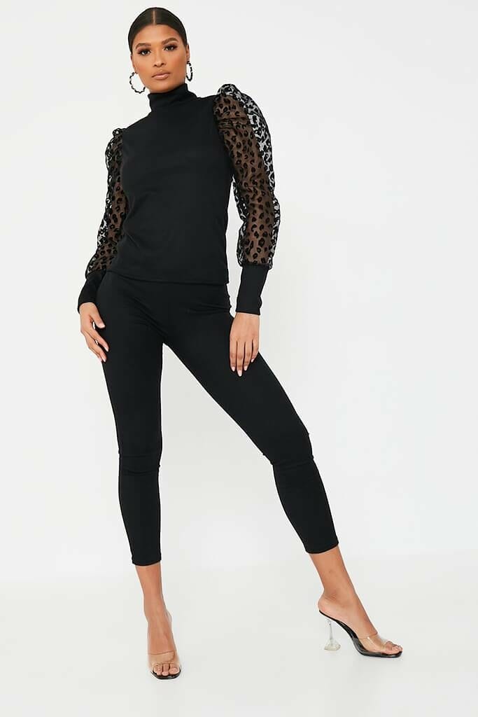 Black Leopard Print Organza Sleeve Loungewear Set - XS / BLACK