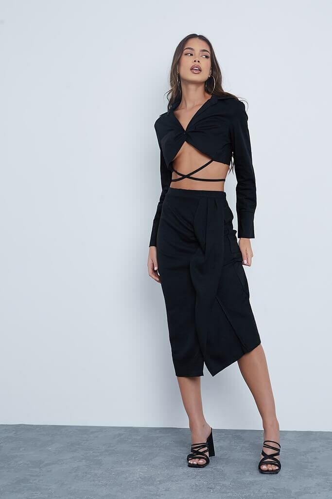 Black Linen Midi Drape Skirt - 4 / BLACK