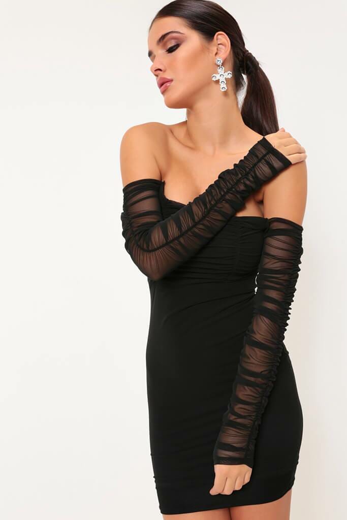 Black Mesh Sleeve Ruched Mini Dress - 6 / BLACK