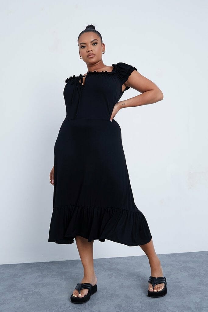 Black Plus Size Jersey Puff Sleeve Frill Hem Midi Dress - 18 / BLACK
