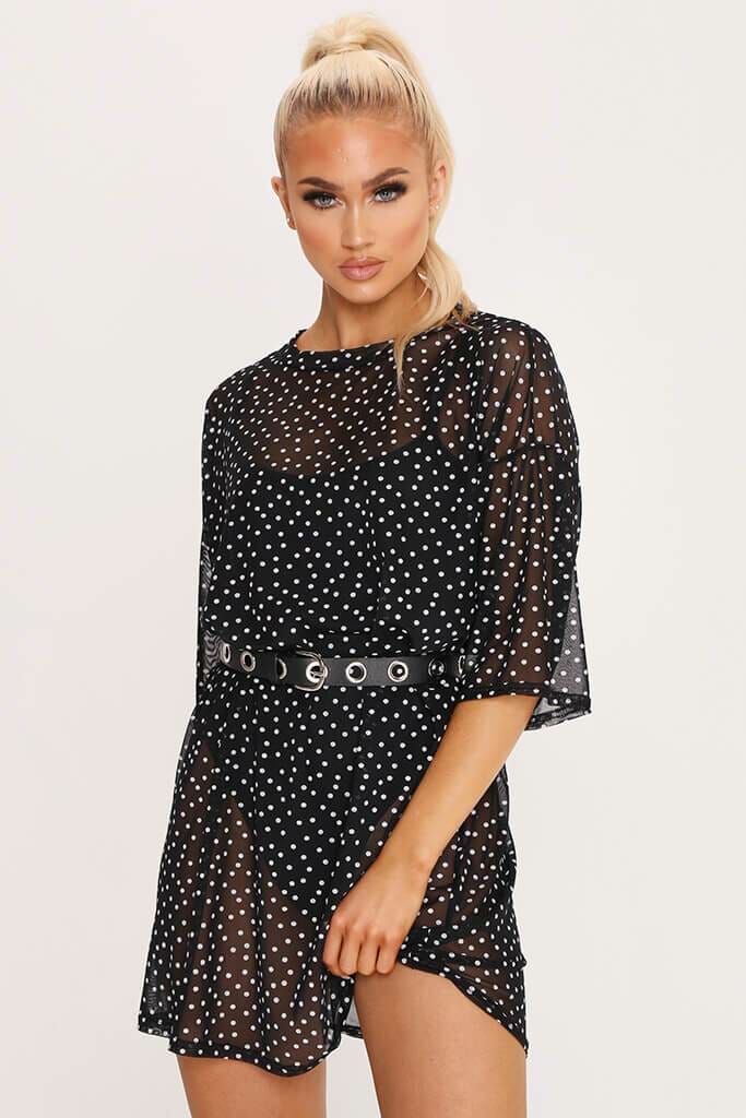 Black Polka Dot Mesh Oversized T Shirt Dress - 6 / BLACK