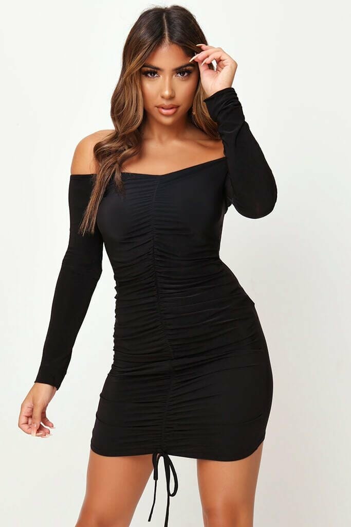 Black Ruched Bardot Mini Dress - 6 / BLACK