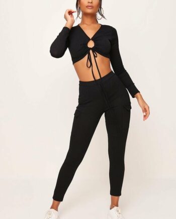 Black Ruched Front Loungewear Set - 4 / BLACK