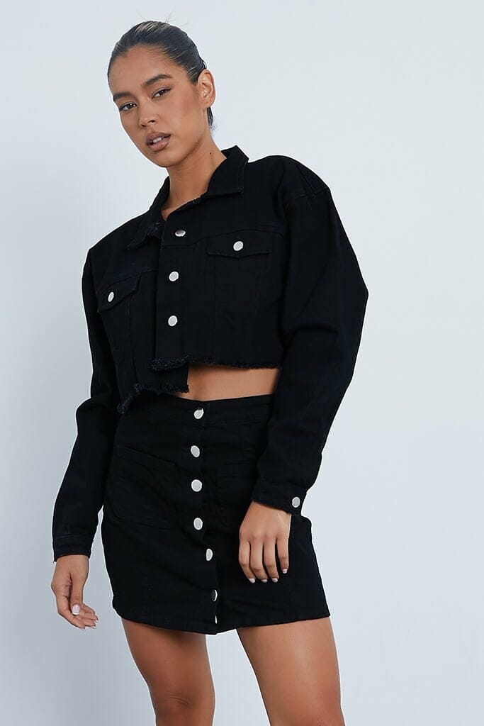 Black Seamed Button Front Denim Skirt - 4 / BLACK