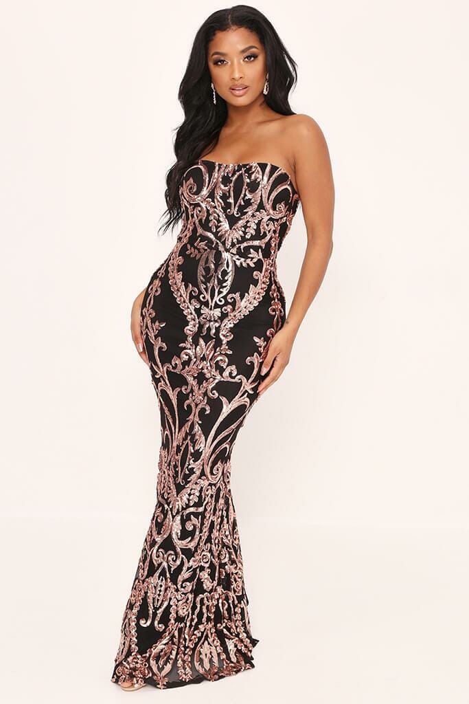 Black/Rose Sequin Bandeau Fishtail Maxi Prom Dress - 6 / METALLIC