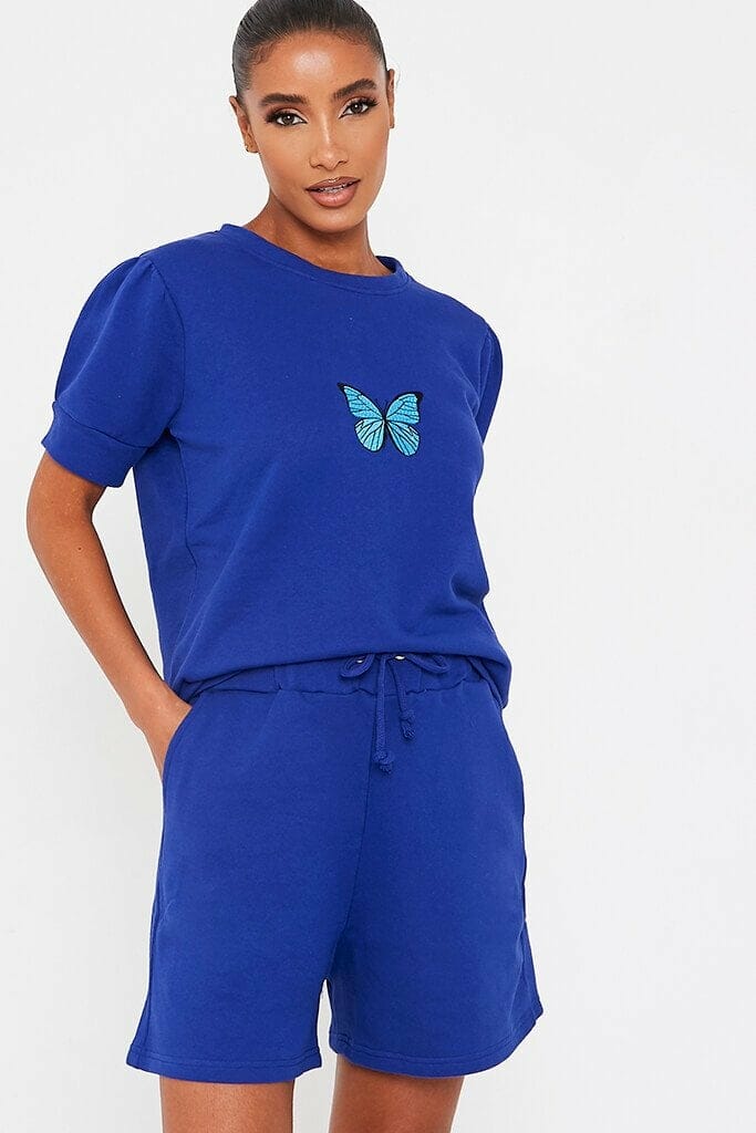 Blue Butterfly Embroidered Short Loungewear Set - 4 / BLUE
