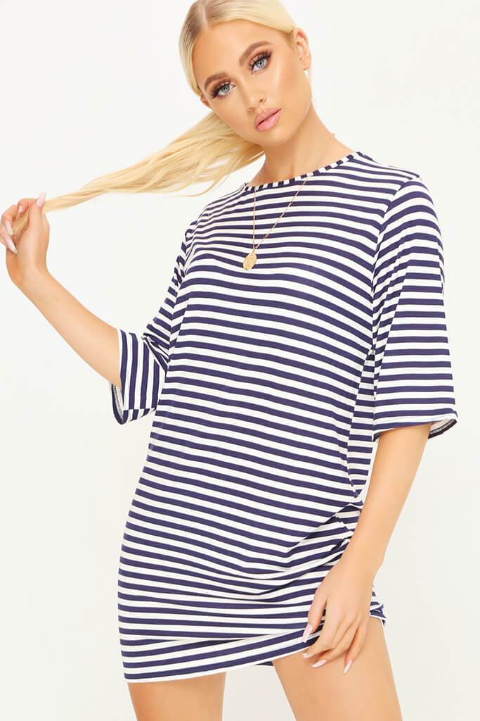Blue/White Jersey Striped Short Sleeve T Shirt Dress - 6 / BLUE