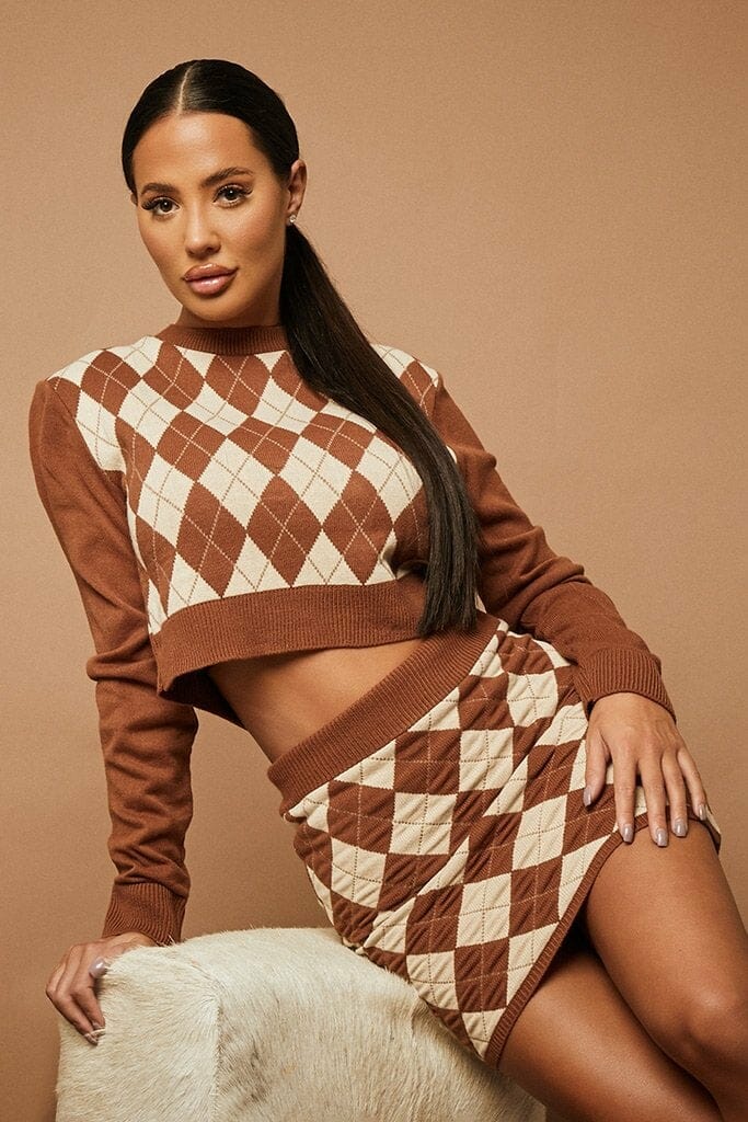 Brown Co-Ord Argyle Jacquard Knitted Mini Skirt - 4 / BROWN