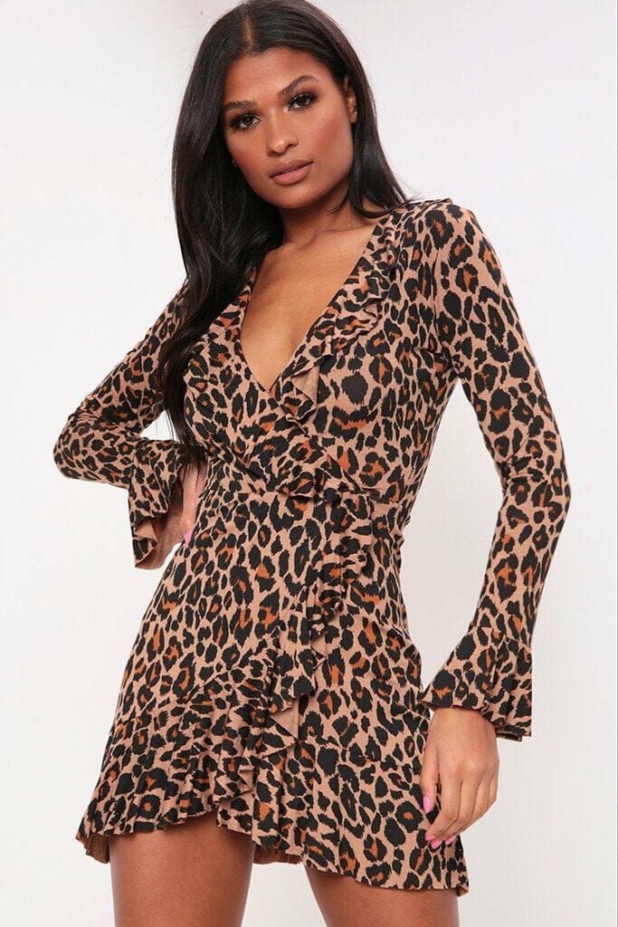 Brown Leopard Print Frill Wrap Dress - 6 / BROWN