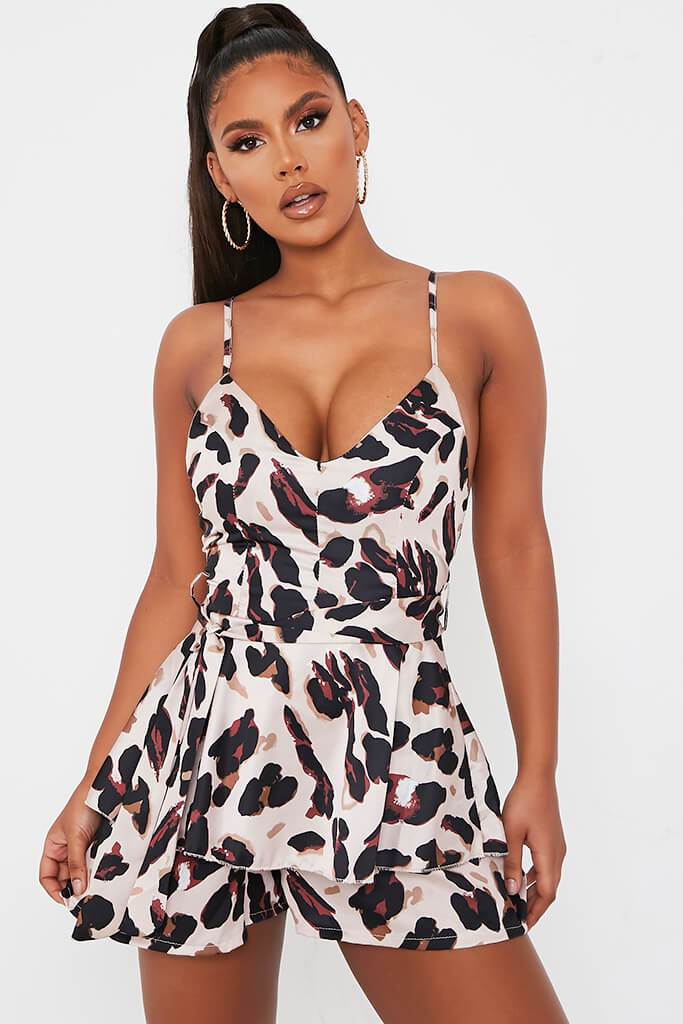Brown Leopard Print Strappy Playsuit - 4 / BROWN