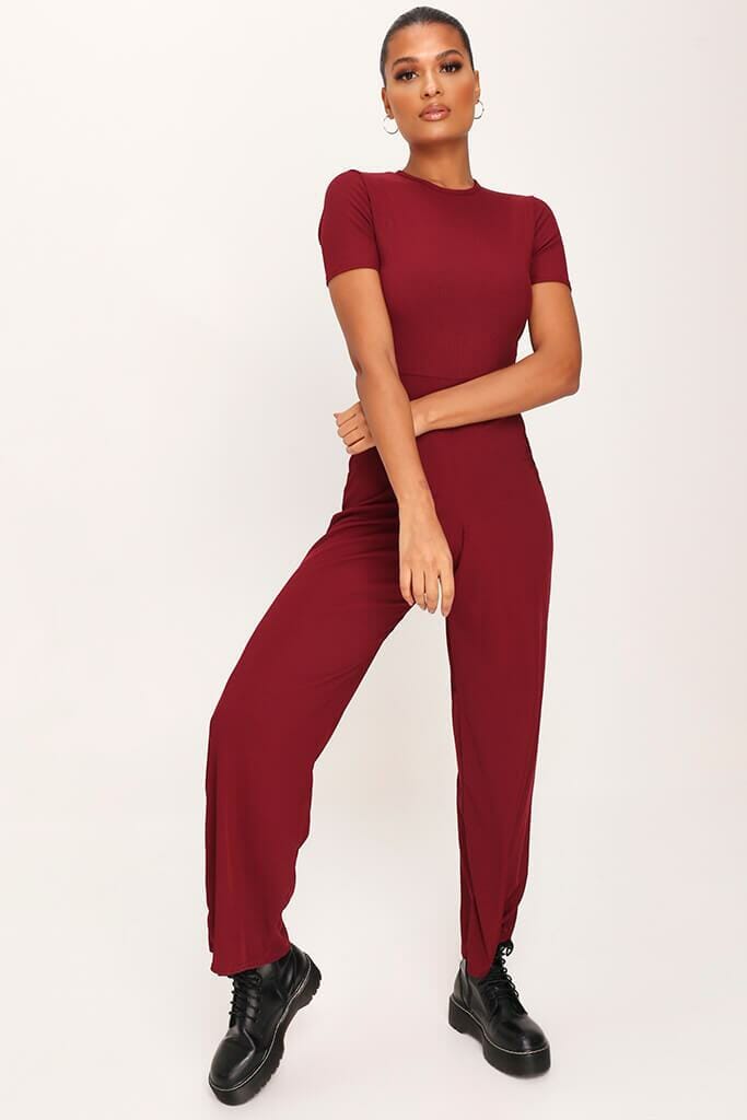 Burgundy Ribbed T-Shirt Jumpsuit - 4 / RED