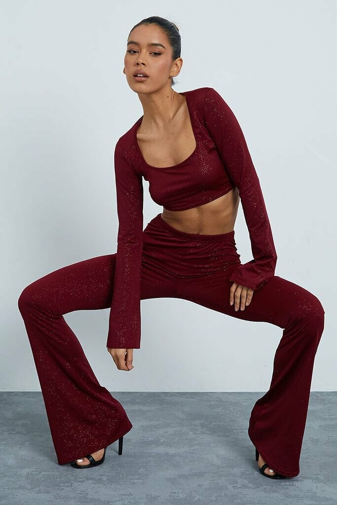 Burgundy Stretch Glitter Square Neck Long Sleeve Crop Top - 4 / RED