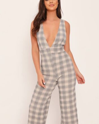Camel Plunge Checked Cropped Jumpsuit - 6 / BEIGE