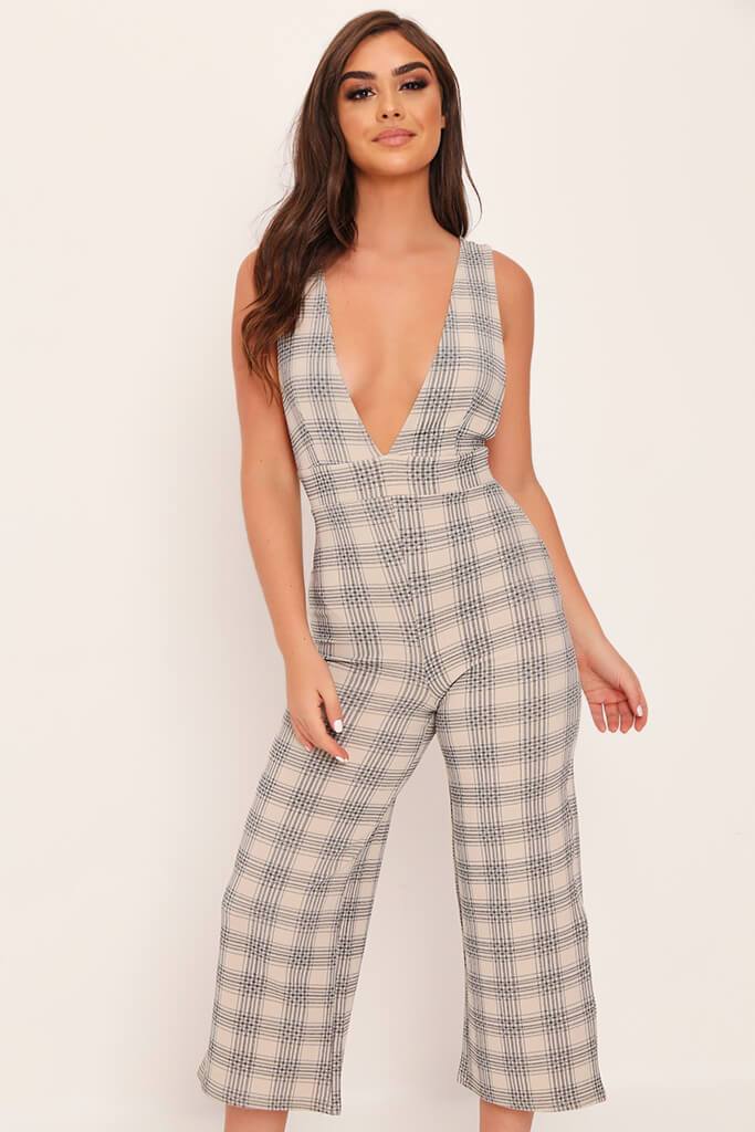 Camel Plunge Checked Cropped Jumpsuit - 6 / BEIGE
