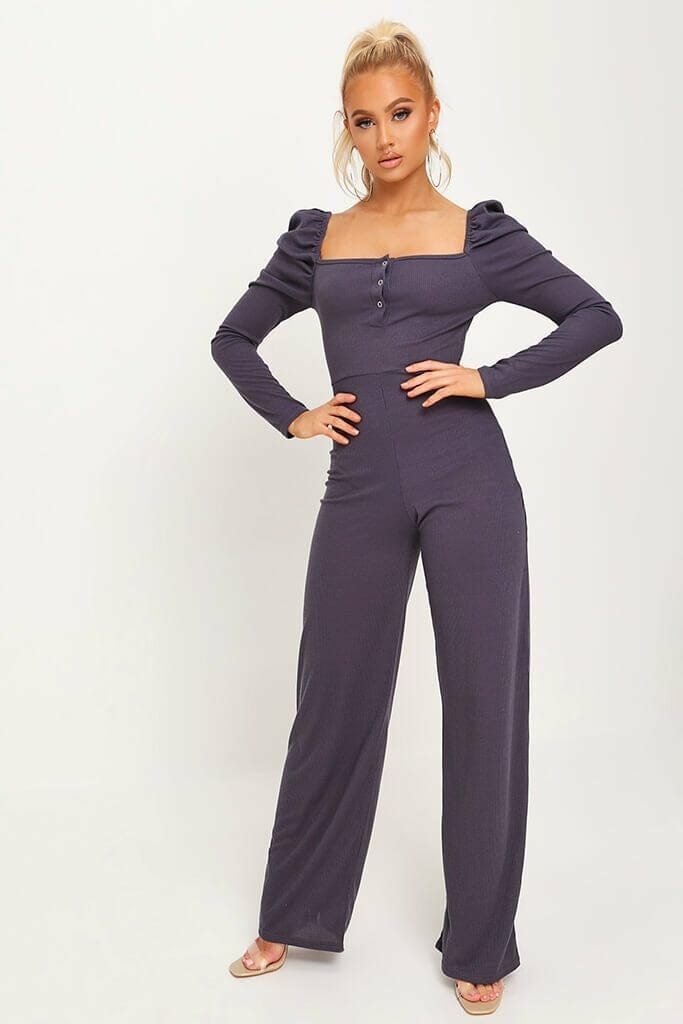Charcoal Puff Sleeve Button Front Jumpsuit - 4 / GREY